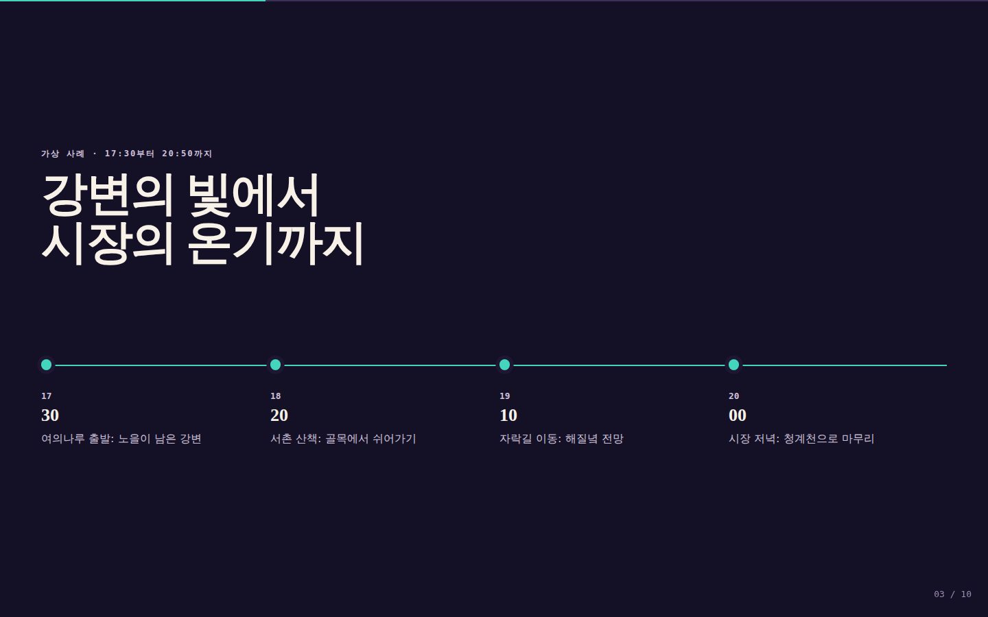 서울, 해질녘 한 바퀴 — 03-stops 완성 화면
