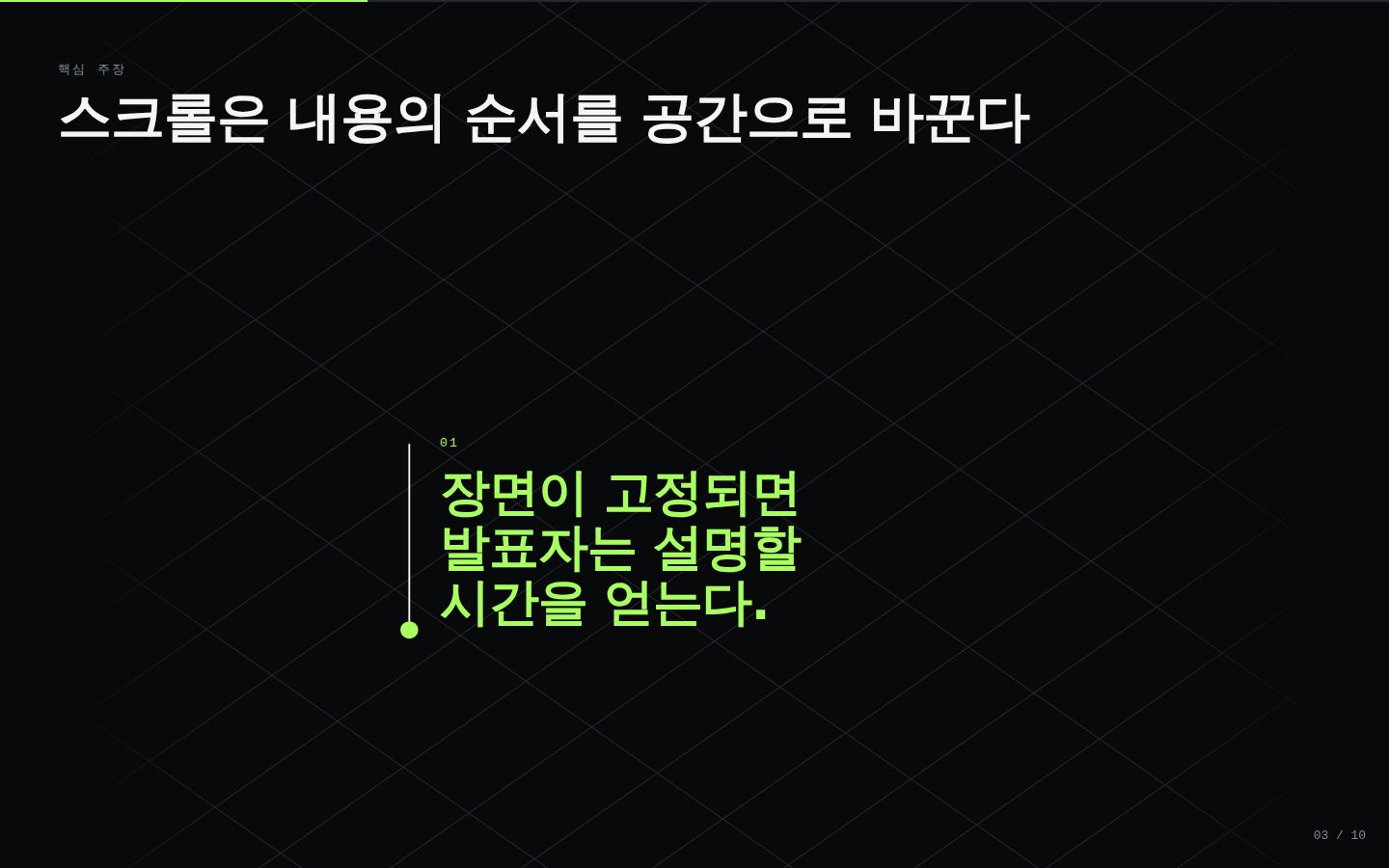 한 장씩 넘기지 않는 발표 — 03-claim 완성 화면