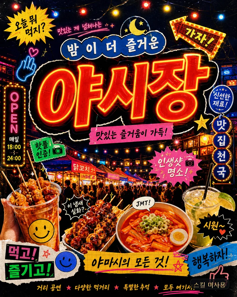 스킬 없이 — 야시장 타이포그래피 포스터, 힙하고 키치하게